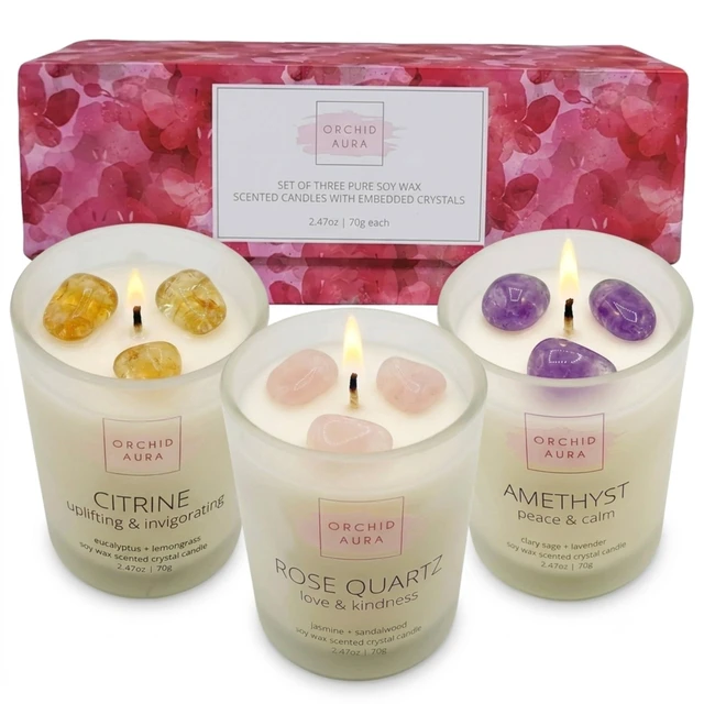 Main image of Soy Candles with Healing Crystals. Citrine, Rose Quartz, Amethyst Crystal. | Eucalyptus + Lemongrass, Jasmine + Sandalwood, Clary Sage + Lavender. 3PC Scented Crystal Candle Set, 2.47oz Each