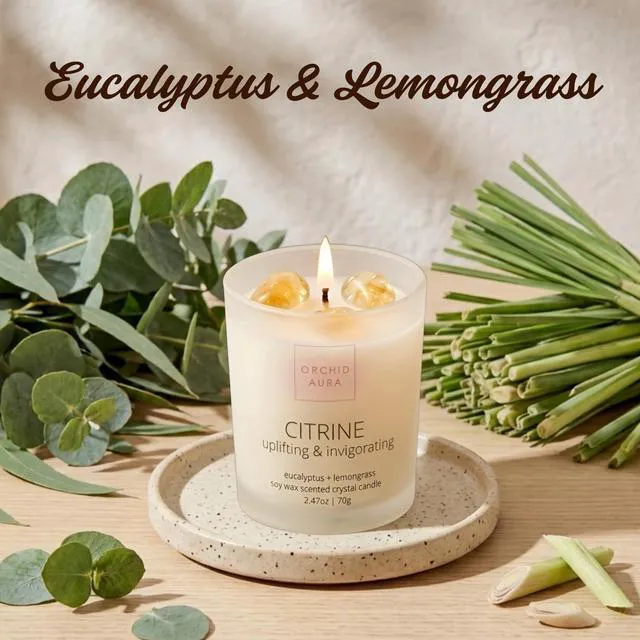 Alt view image 2 of 7 - Soy Candles with Healing Crystals. Citrine, Rose Quartz, Amethyst Crystal. | Eucalyptus + Lemongrass, Jasmine + Sandalwood, Clary Sage + Lavender. 3PC Scented Crystal Candle Set, 2.47oz Each