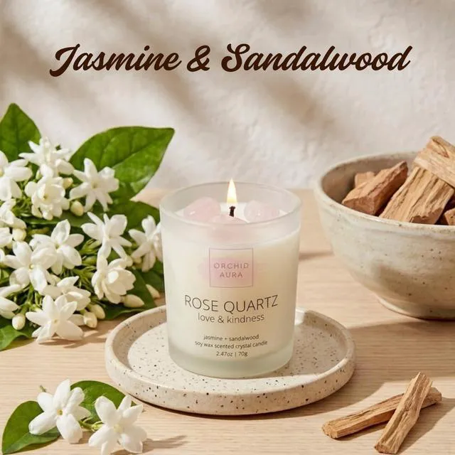 Alt view image 3 of 7 - Soy Candles with Healing Crystals. Citrine, Rose Quartz, Amethyst Crystal. | Eucalyptus + Lemongrass, Jasmine + Sandalwood, Clary Sage + Lavender. 3PC Scented Crystal Candle Set, 2.47oz Each
