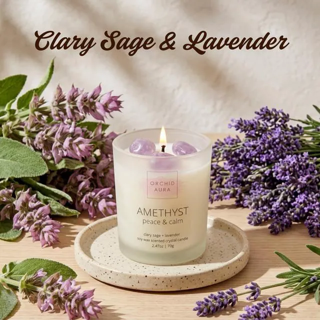 Alt view image 4 of 7 - Soy Candles with Healing Crystals. Citrine, Rose Quartz, Amethyst Crystal. | Eucalyptus + Lemongrass, Jasmine + Sandalwood, Clary Sage + Lavender. 3PC Scented Crystal Candle Set, 2.47oz Each