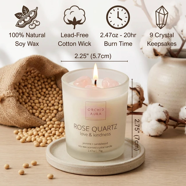Alt view image 5 of 7 - Soy Candles with Healing Crystals. Citrine, Rose Quartz, Amethyst Crystal. | Eucalyptus + Lemongrass, Jasmine + Sandalwood, Clary Sage + Lavender. 3PC Scented Crystal Candle Set, 2.47oz Each