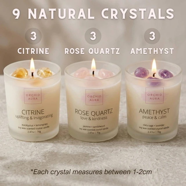 Alt view image 6 of 7 - Soy Candles with Healing Crystals. Citrine, Rose Quartz, Amethyst Crystal. | Eucalyptus + Lemongrass, Jasmine + Sandalwood, Clary Sage + Lavender. 3PC Scented Crystal Candle Set, 2.47oz Each
