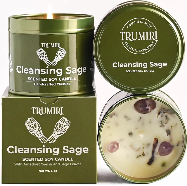 Main image of Sage Candle for Cleansing House Negative Energy Smudge Kit - 5oz Soy Wax Natural Clean Organic Non Toxic - Aromatherapy Spiritual Meditation Gifts - Long Lasting Highly Scented Candel with Crystals