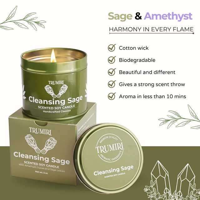 Alt view image 4 of 7 - Sage Candle for Cleansing House Negative Energy Smudge Kit - 5oz Soy Wax Natural Clean Organic Non Toxic - Aromatherapy Spiritual Meditation Gifts - Long Lasting Highly Scented Candel with Crystals