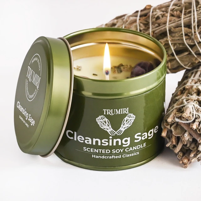 Alt view image 5 of 7 - Sage Candle for Cleansing House Negative Energy Smudge Kit - 5oz Soy Wax Natural Clean Organic Non Toxic - Aromatherapy Spiritual Meditation Gifts - Long Lasting Highly Scented Candel with Crystals