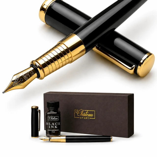 Main image of Fountain Pen Set | Refillable Black Fountain Pen with Black Ink Bottle, Fine Nib, and Converter | Smooth Writing Gift Set for Beginners, Men, and Women