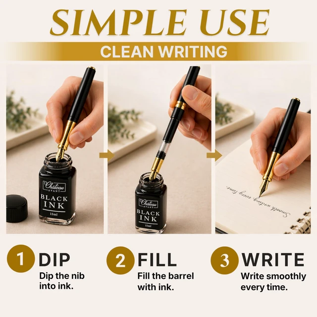 Alt view image 2 of 7 - Fountain Pen Set | Refillable Black Fountain Pen with Black Ink Bottle, Fine Nib, and Converter | Smooth Writing Gift Set for Beginners, Men, and Women