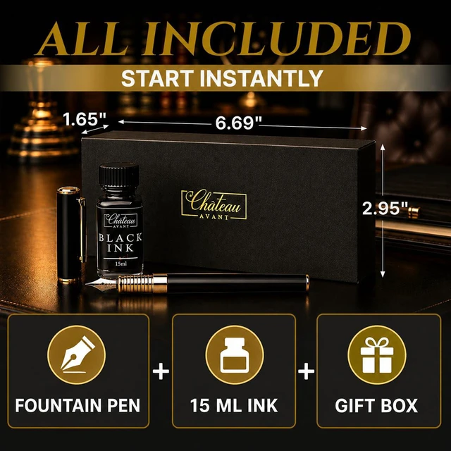 Alt view image 3 of 7 - Fountain Pen Set | Refillable Black Fountain Pen with Black Ink Bottle, Fine Nib, and Converter | Smooth Writing Gift Set for Beginners, Men, and Women