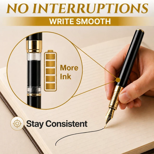 Alt view image 7 of 7 - Fountain Pen Set | Refillable Black Fountain Pen with Black Ink Bottle, Fine Nib, and Converter | Smooth Writing Gift Set for Beginners, Men, and Women