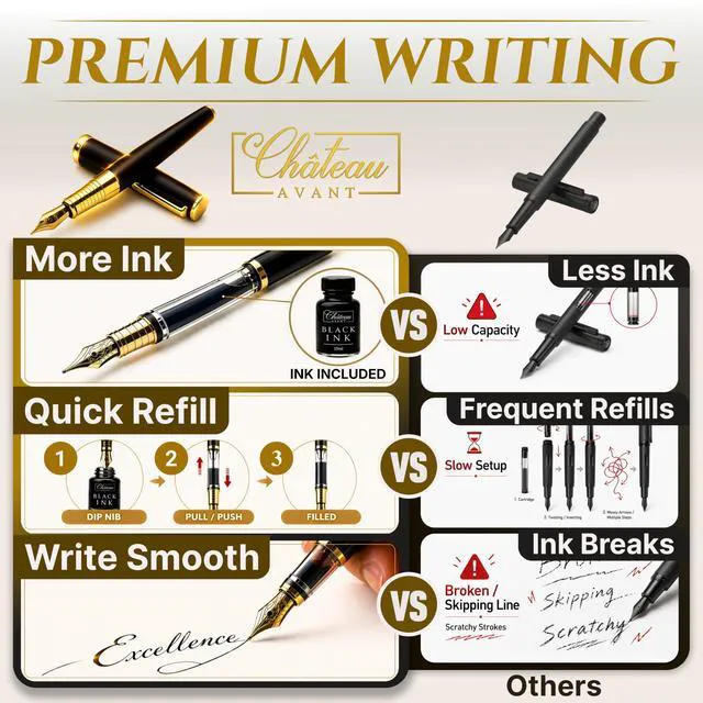 Alt view image 6 of 7 - Fountain Pen Set | Refillable Black Fountain Pen with Black Ink Bottle, Fine Nib, and Converter | Smooth Writing Gift Set for Beginners, Men, and Women