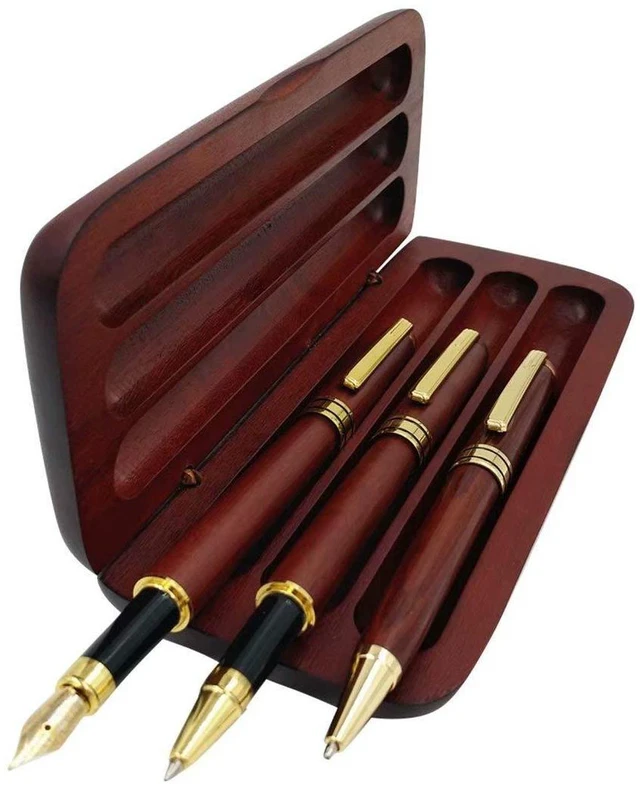 Main image of 3 Pcs Wooden Pens Set with Gift Case/Best Writing Fountain Fancy Ballpoint Pen and Luxury Gel Pen with Ink Refills, Promotional Business Designer Pens