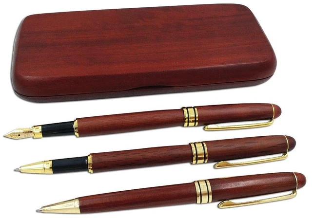 Alt view image 2 of 7 - 3 Pcs Wooden Pens Set with Gift Case/Best Writing Fountain Fancy Ballpoint Pen and Luxury Gel Pen with Ink Refills, Promotional Business Designer Pens