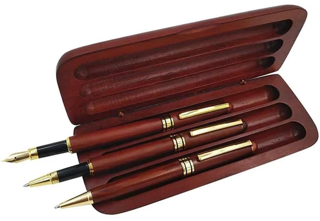 Alt view image 3 of 7 - 3 Pcs Wooden Pens Set with Gift Case/Best Writing Fountain Fancy Ballpoint Pen and Luxury Gel Pen with Ink Refills, Promotional Business Designer Pens