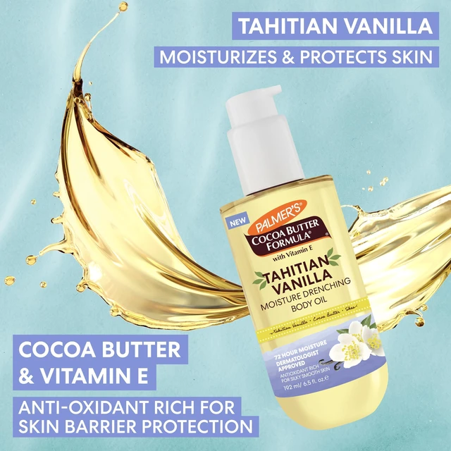 Alt view image 5 of 7 - Vanilla Body Oil, Cocoa Butter Formula (6.5 Fl Oz) | Butter & Vitamin E provide 72-hour hydration to protect, soothe dryness & soften skin. Dermatologist approved.