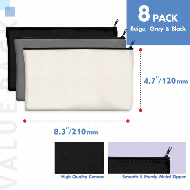 Alt view image 3 of 6 - 8 Pack Blank Cotton Canvas DIY Craft Zipper Bags Pouches Pencil Case for Makeup Cosmetic Toiletry Stationary Storage(Black + Grey + White)