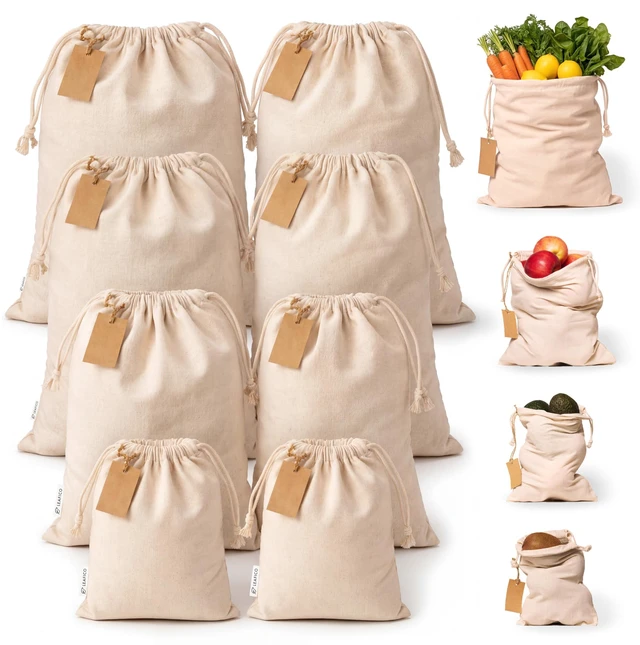 Main image of Muslin Cloth Bags with Drawstrings - Set of 8 (S, M, L, XL) - Reusable Natural Cotton Bags for Bulk Food Storage - Canvas Fabric Sachets