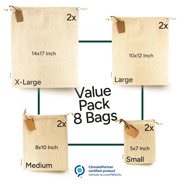 Alt view image 2 of 6 - Muslin Cloth Bags with Drawstrings - Set of 8 (S, M, L, XL) - Reusable Natural Cotton Bags for Bulk Food Storage - Canvas Fabric Sachets