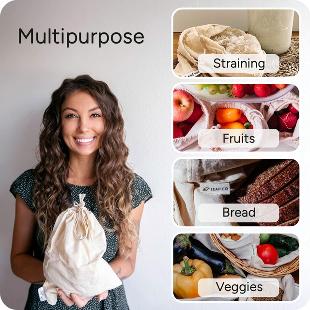 Alt view image 3 of 6 - Muslin Cloth Bags with Drawstrings - Set of 8 (S, M, L, XL) - Reusable Natural Cotton Bags for Bulk Food Storage - Canvas Fabric Sachets