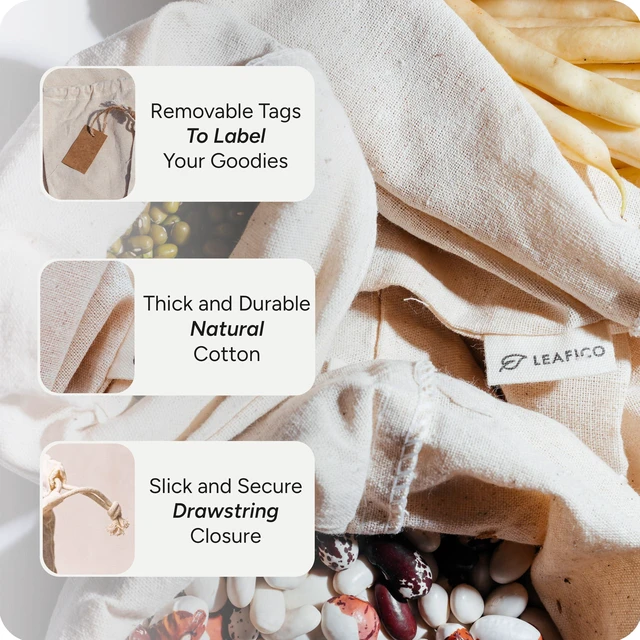 Alt view image 4 of 6 - Muslin Cloth Bags with Drawstrings - Set of 8 (S, M, L, XL) - Reusable Natural Cotton Bags for Bulk Food Storage - Canvas Fabric Sachets