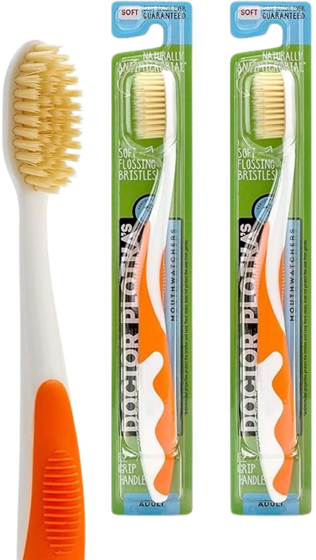 Main image of Soft Flossing Manual Toothbrush, Adults, 2-Pack, Orange | Floss-Tip Bristles for Sensitive Teeth and Gums, Soft Manual Brush, Deep Clean, BPA Free, Dr Plotka Design