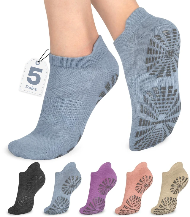 Main image of Women Non Slip Pilates Socks with Grips for Yoga Barre Barefoot | Breathable Cotton,5 Paris, Anti-Slip, Ankle High, Pregnant and Elderly, Ideal for Yoga, Barre, Hospital & Home Use