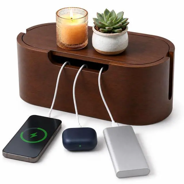 Main image of Wooden Cable Management Box with Lid, Decorative Cord Organizer for Power Strip & Charger Cables, Ventilation Holes & Side Slots, Solid Pine Wire Hider for Desk, Home Office, Dorm & Minimalist Setup