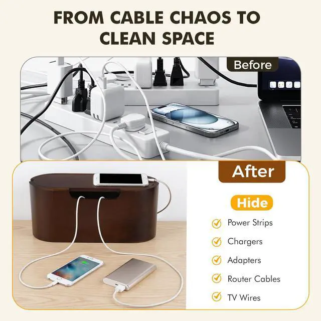 Alt view image 2 of 7 - Wooden Cable Management Box with Lid, Decorative Cord Organizer for Power Strip & Charger Cables, Ventilation Holes & Side Slots, Solid Pine Wire Hider for Desk, Home Office, Dorm & Minimalist Setup