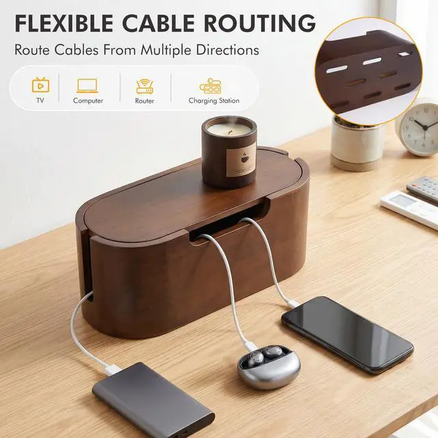 Alt view image 3 of 7 - Wooden Cable Management Box with Lid, Decorative Cord Organizer for Power Strip & Charger Cables, Ventilation Holes & Side Slots, Solid Pine Wire Hider for Desk, Home Office, Dorm & Minimalist Setup