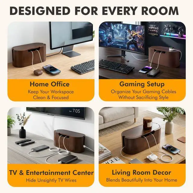 Alt view image 6 of 7 - Wooden Cable Management Box with Lid, Decorative Cord Organizer for Power Strip & Charger Cables, Ventilation Holes & Side Slots, Solid Pine Wire Hider for Desk, Home Office, Dorm & Minimalist Setup