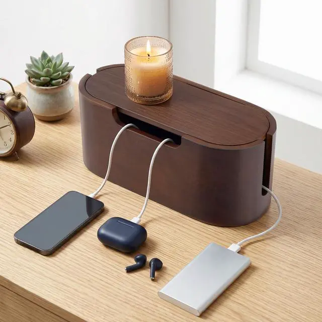 Alt view image 7 of 7 - Wooden Cable Management Box with Lid, Decorative Cord Organizer for Power Strip & Charger Cables, Ventilation Holes & Side Slots, Solid Pine Wire Hider for Desk, Home Office, Dorm & Minimalist Setup