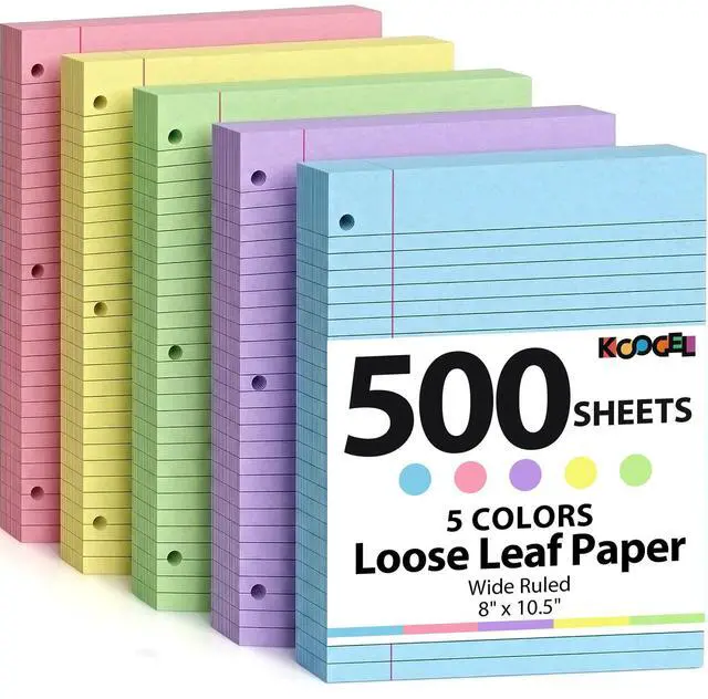 Main image of 500 Sheets Colored Filler Paper, 5 Colors 8 x 10-1/2 Inch Wide Ruled