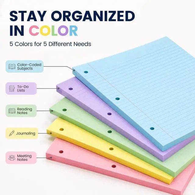 Alt view image 2 of 7 - 500 Sheets Colored Filler Paper, 5 Colors 8 x 10-1/2 Inch Wide Ruled