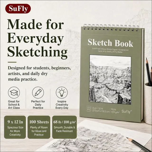 Alt view image 2 of 7 - Sketch Book 9x12, 100-Sheet Drawing Paper Pad, 68lb/100gsm, Acid-Free