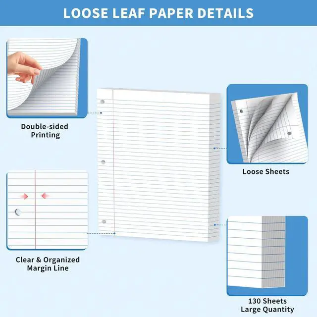 Alt view image 3 of 7 - 130 Sheets Loose Leaf Paper College Ruled Notebook Paper 8 x 10.5 In White