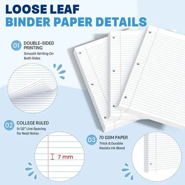Alt view image 4 of 7 - White Loose Leaf Paper 8 x 10.5, 130 Sheets Lined Paper College Ruled Paper