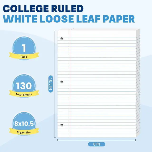 Alt view image 2 of 7 - White Loose Leaf Paper 8 x 10.5, 130 Sheets Lined Paper College Ruled Paper