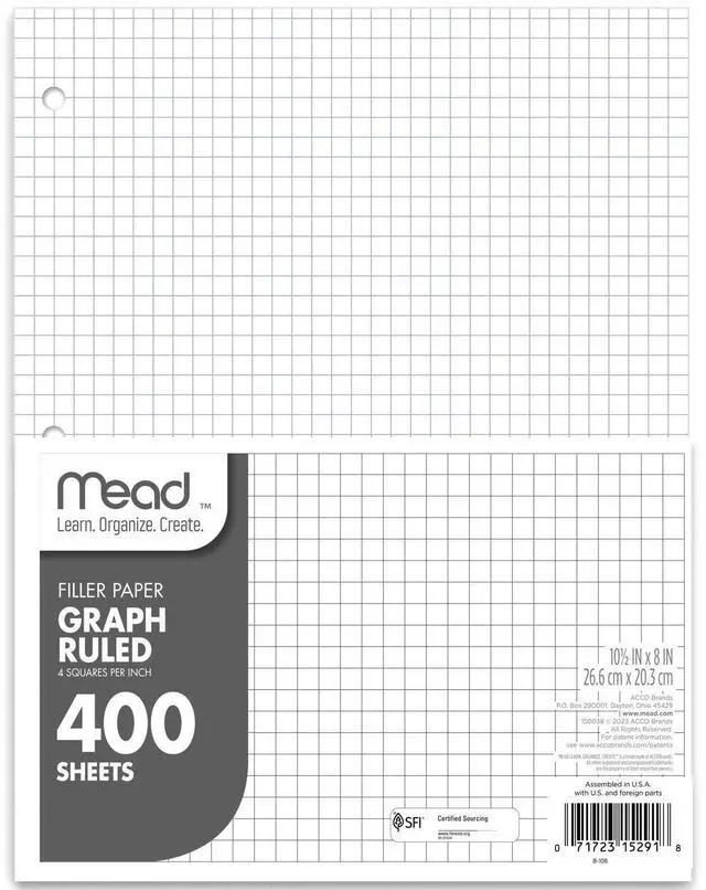 Main image of Loose Leaf Paper, Graph Ruled Filler Notebook Paper, 8" x 10-1/2", 400 Sheets, Fits 3-Ring Binder (150038-ECM)