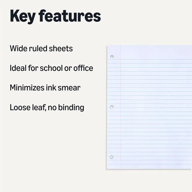 Alt view image 2 of 5 - Wide Ruled Loose Leaf Binder Paper for School or Office, 10.5" x 8", 100 Sheets, White, 1-Pack