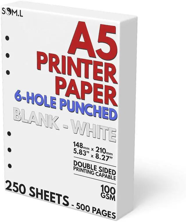 Main image of A5 Blank Paper 6-Hole Punched, 250 Sheets, 100 GSM, 5.83 x 8.27 inches