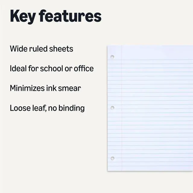 Alt view image 2 of 5 - Wide Ruled Loose Leaf Binder Paper for School or Office, 10.5" x 8", 100 Sheets, White, 6-Pack
