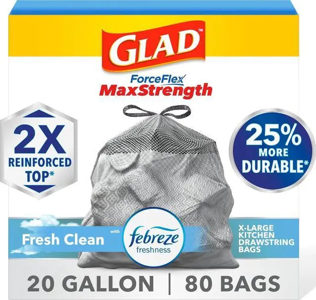 Main image of ForceFlex MaxStrength Kitchen Trash Bags, Rip and Tear Resistant, Fresh Clean Scented Large Garbage Bags, Odor Control, Febreze Freshness, 20 Gallon Trash Bags, 80 Count