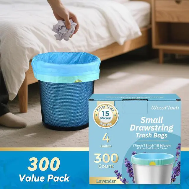 Alt view image 7 of 7 - 300 Count 15 Micron Extra Thick 4 Gallon Drawstring Small Trash Bags