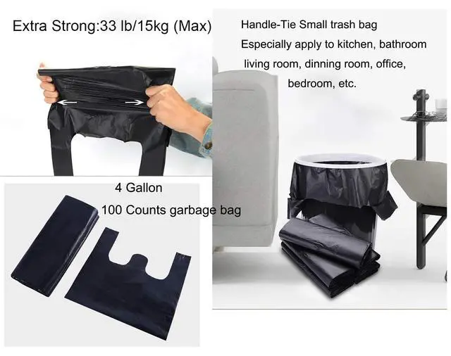 Alt view image 5 of 7 - 100 pcs Black Trash Bags with Handles - 14x22 Super Thick 1.8mil Plastic Rubbish Bags for Office, Picnic, Kitchen, Bulk Use