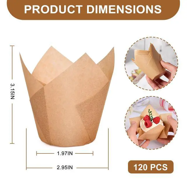 Alt view image 2 of 7 - 120 Counts Natural Tulip Cupcake Liners for Baking Cups, Food Grade Parchment Paper Muffin Liners Holders, Standard Tulip Cupcake Liners, Greaseproof Cup Cake Wrappers for Party, Christmas