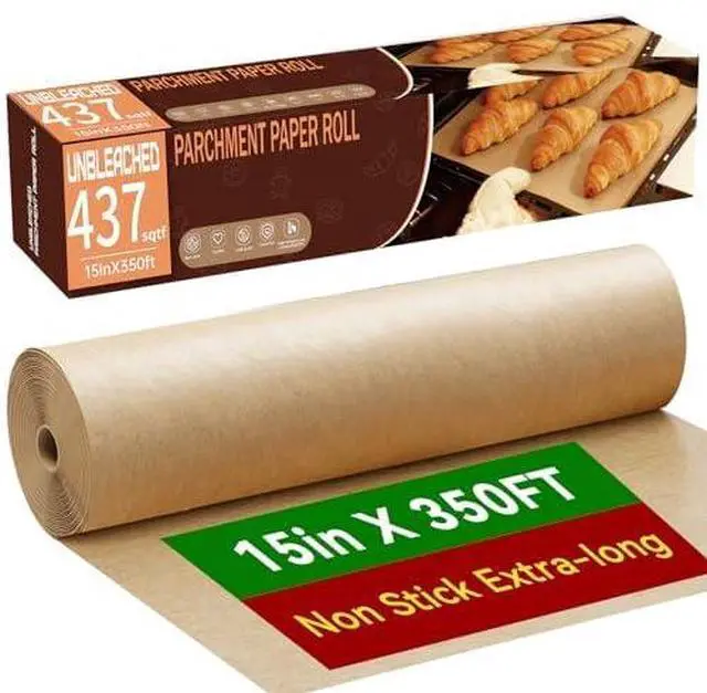 Main image of Unbleached 15x350 ft Parchment Paper Roll, 437 Sq.Ft, Non Stick Brown Extra Long Baking Paper Sheets with Serrated Cutter for Cooking, Baking, Grillin, Steaming Bread Cookies, Oven/Air Fryer/Microwave