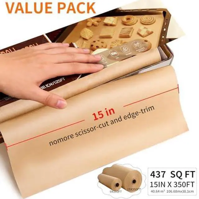 Alt view image 2 of 7 - Unbleached 15x350 ft Parchment Paper Roll, 437 Sq.Ft, Non Stick Brown Extra Long Baking Paper Sheets with Serrated Cutter for Cooking, Baking, Grillin, Steaming Bread Cookies, Oven/Air Fryer/Microwave