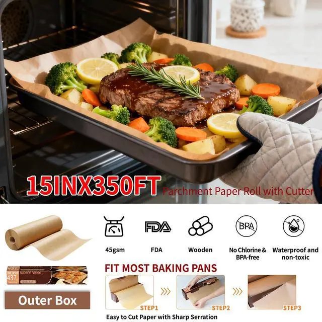 Alt view image 5 of 7 - Unbleached 15x350 ft Parchment Paper Roll, 437 Sq.Ft, Non Stick Brown Extra Long Baking Paper Sheets with Serrated Cutter for Cooking, Baking, Grillin, Steaming Bread Cookies, Oven/Air Fryer/Microwave
