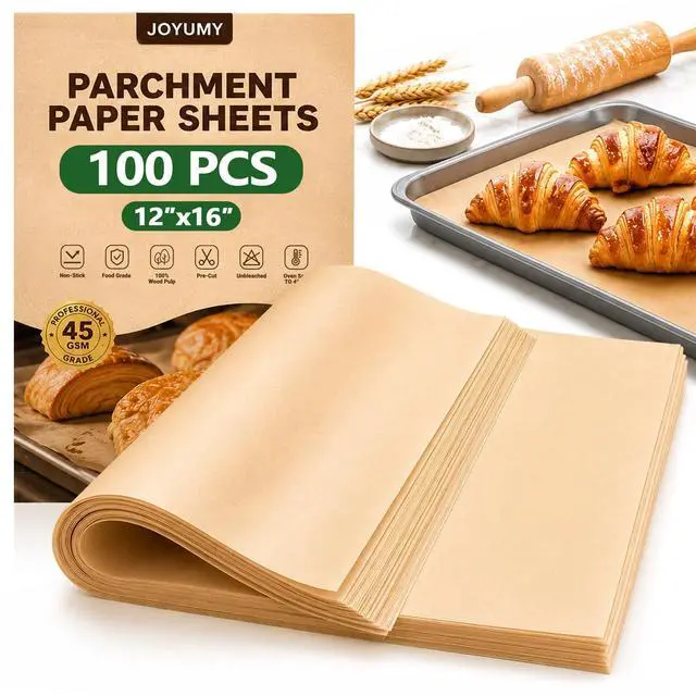 Main image of 100 PCS Parchment Paper Baking Sheets, Precut Non-Stick Parchment Paper for Baking, Cooking, Grilling, Frying and Steaming - Unbleached, Fit for Quarter Sheet Pans (12'' x 16'')