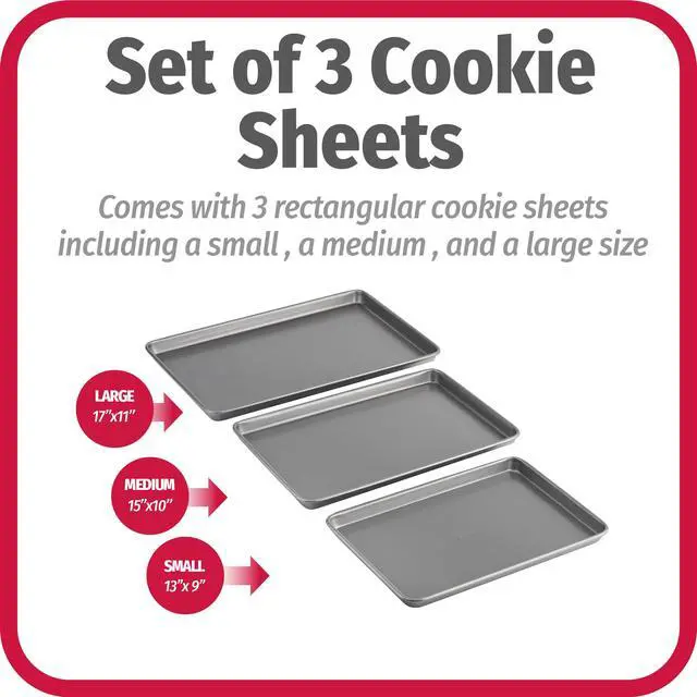 Alt view image 2 of 6 - Everyday Nonstick Baking Sheet Set, 3 Pack Includes Small (13×9) Medium (15×1) and Large (17×11) Pans Carbon Steel Construction Cookie Sheets Bakeware Set, Gray