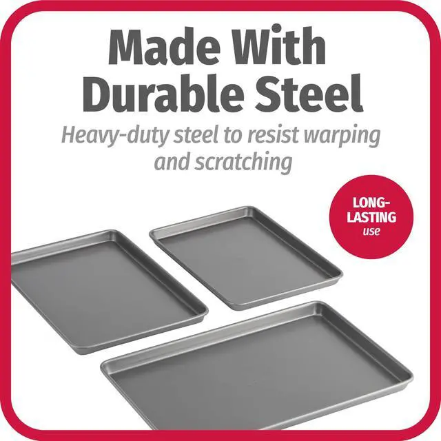 Alt view image 5 of 6 - Everyday Nonstick Baking Sheet Set, 3 Pack Includes Small (13×9) Medium (15×1) and Large (17×11) Pans Carbon Steel Construction Cookie Sheets Bakeware Set, Gray